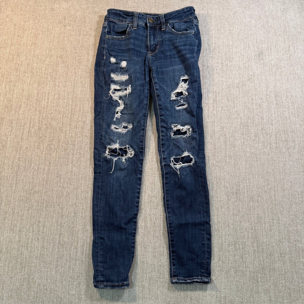American Eagle Next Level Stretch Distressed Jeggings Dark Wash 00 Short